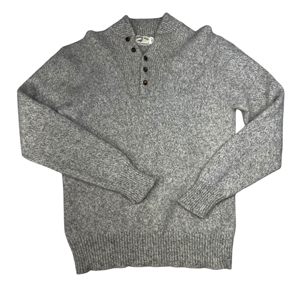 VTG Harbor Bay Wool Blend Henley Sweater Mens XLT Gray Mock Neck Button Knit
